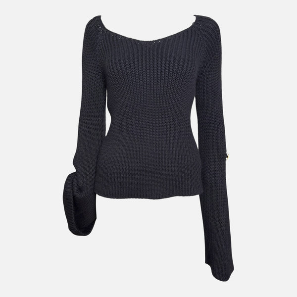 Gucci by Tom Ford F/W 2003 Black Ribbed-Knit One-Shoulder Bell-Sleeve Sweater With Leather Buckle