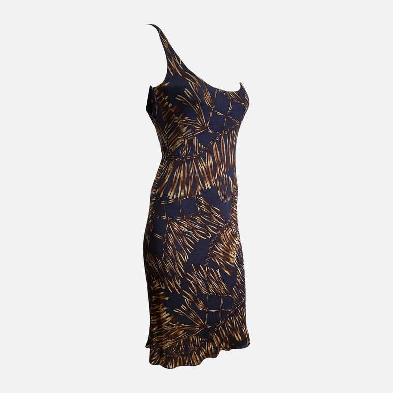 Versace S/S 2006 Navy & Bronze Tropical-Print Body-Con Midi Dress