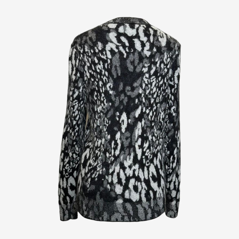 Saint Laurent mohair wool blend sweater with snow leopard pattern, side view fit