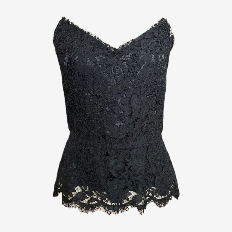 Black floral lace top by Dolce & Gabbana, scalloped neckline detail