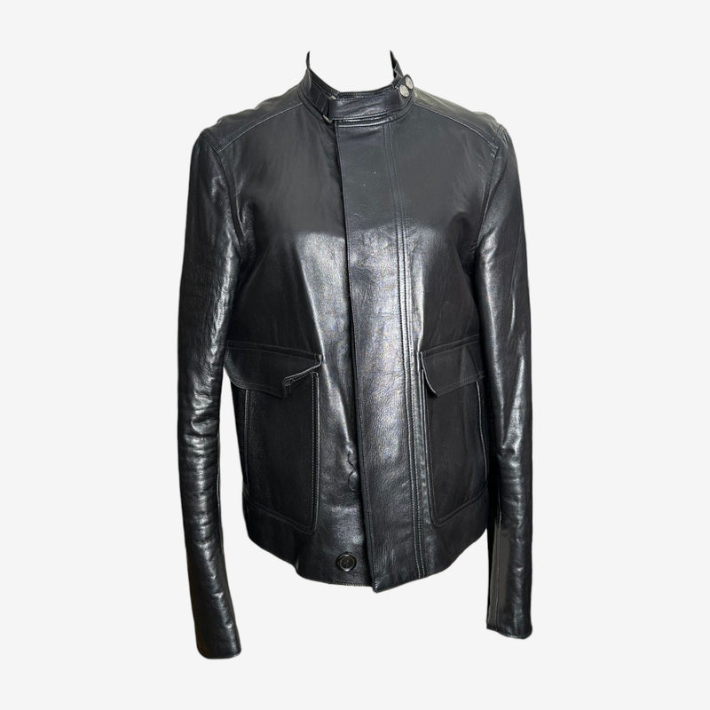 Black leather moto jacket by Gucci Tom Ford, front view with asymmetrical zip closure