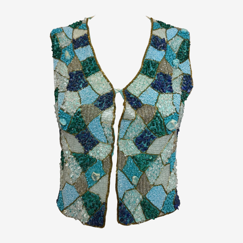 Multi-colored beaded vest by Blumarine, mosaic patchwork with turquoise, emerald, and bronze glass beads
