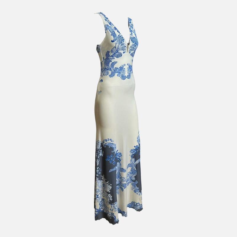 Roberto Cavalli F/W 2007 Ivory And Blue Baroque Floral-Print Maxi Dress