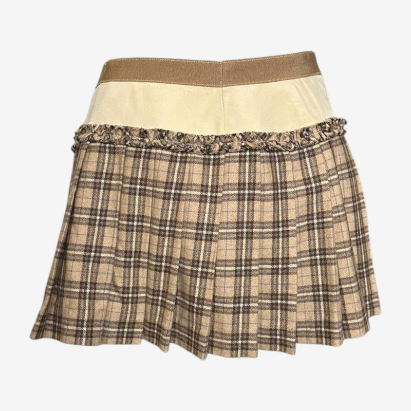 Brown and beige tartan pleated mini skirt by Dolce & Gabbana, side zip closure detail with hook and eye fastening