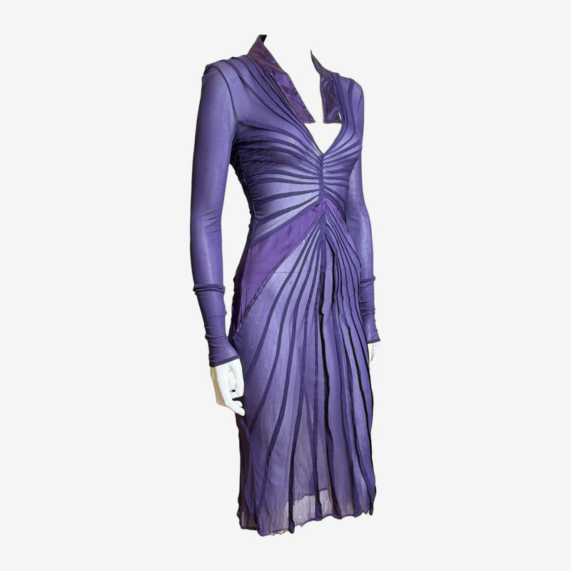 Purple mesh pleated dress by Gucci Tom Ford, back view showing open back and pleated detail