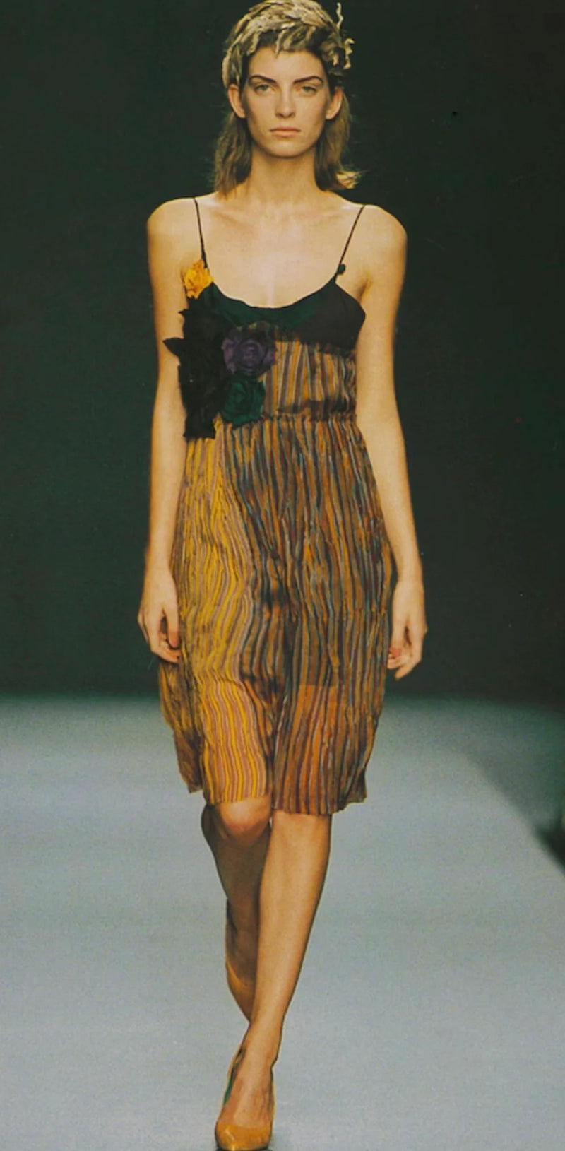 Miu Miu S/S 2004 silk taffeta dress, sage green and blush draped chiffon swag detail