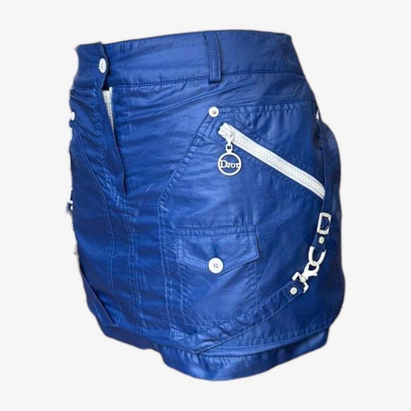 Blue nylon technical mini skirt by Christian Dior, back view with snap button pocket closures