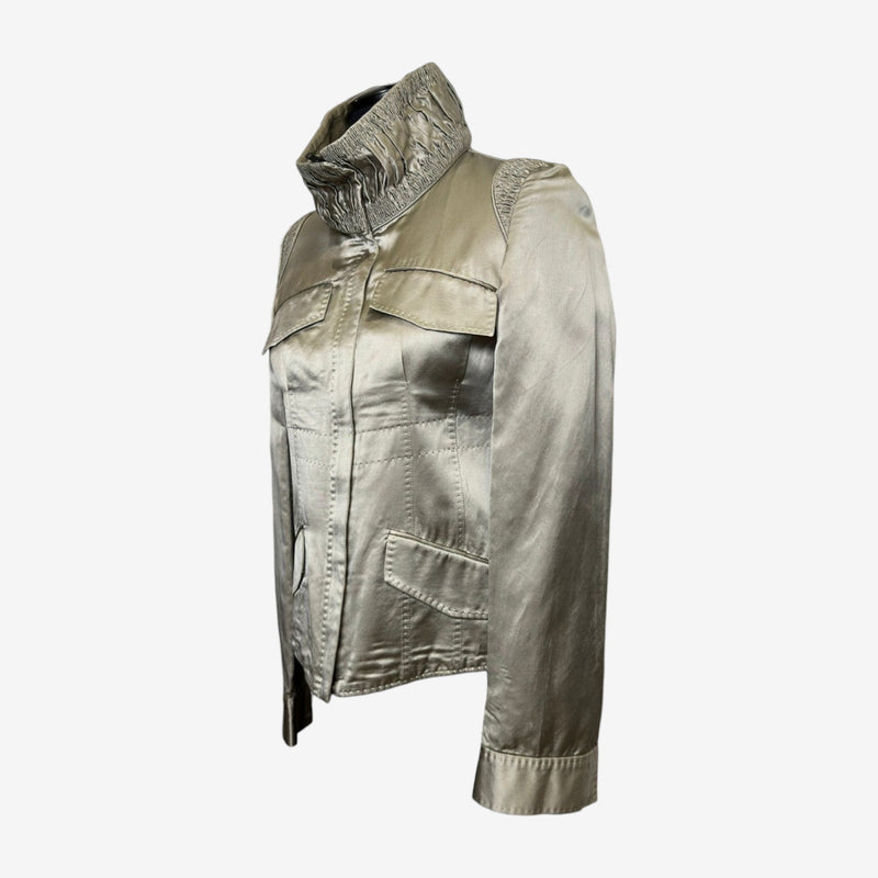 Sage green silk jacket by Tom Ford, back view with princess seams and structured silhouette