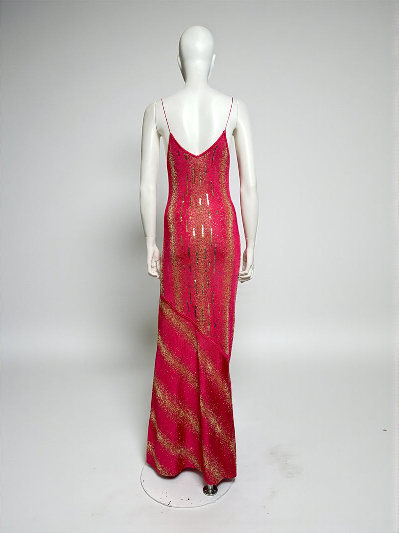 Fuchsia slip dress by John Galliano with shimmering metallic gold thread throughout