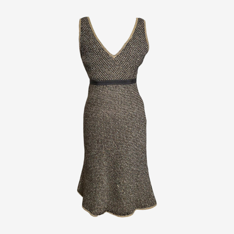 Brown and beige tweed midi dress by Prada, V-neckline with fitted bodice and leather belt detail