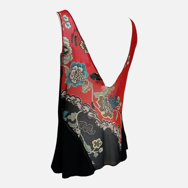 Roberto Cavalli S/S 2003 Black And Red Chinoiserie Floral-Panel Sleeveless Top