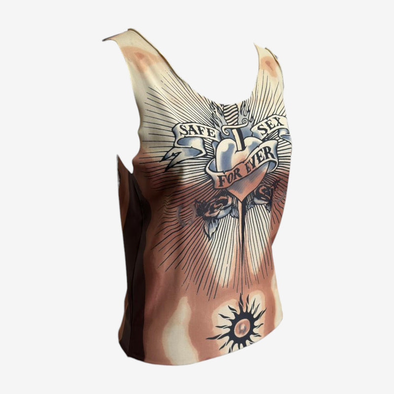 Sleeveless mesh top by Jean Paul Gaultier, body-conscious fit with printed sacred heart and sunburst design