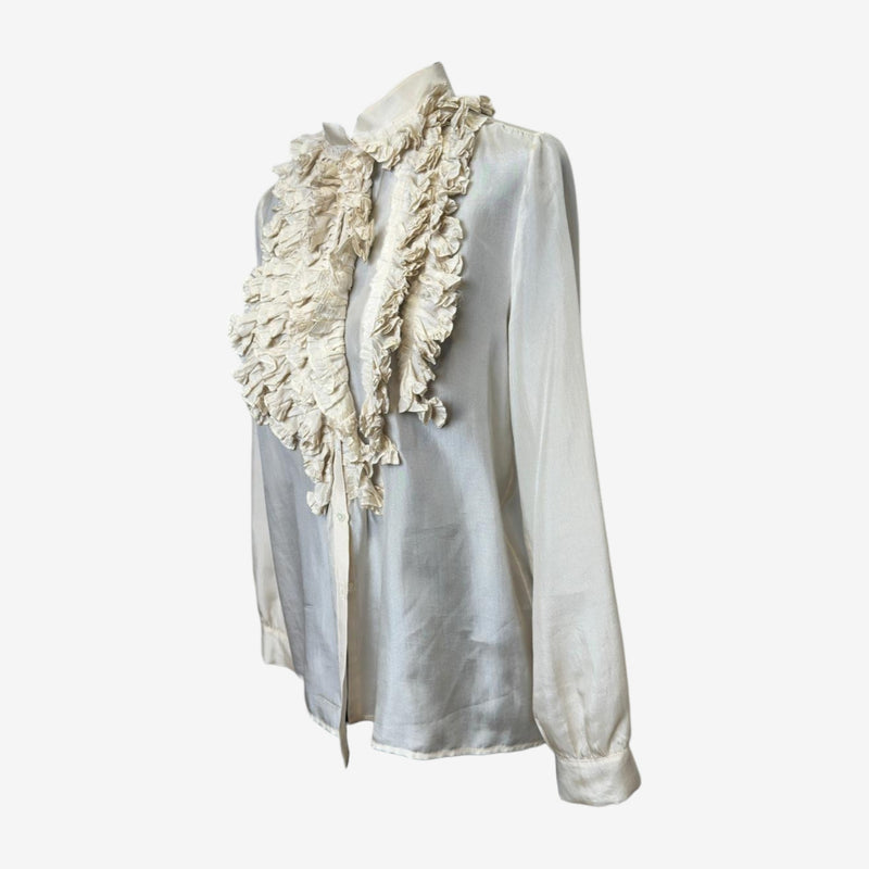 Cream silk blouse by Chloé with high collar and ruffled trim detail, unlined construction