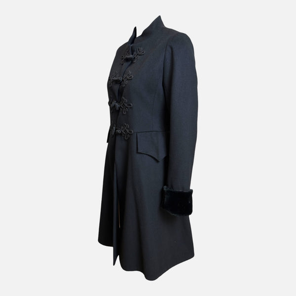 Saint Laurent Rive Gauche F/W 1969 Black Frog-Fastened Fur-Trimmed Wool Coat