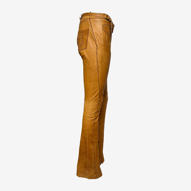 Cognac leather flare pants by Roberto Cavalli, full-length back view
