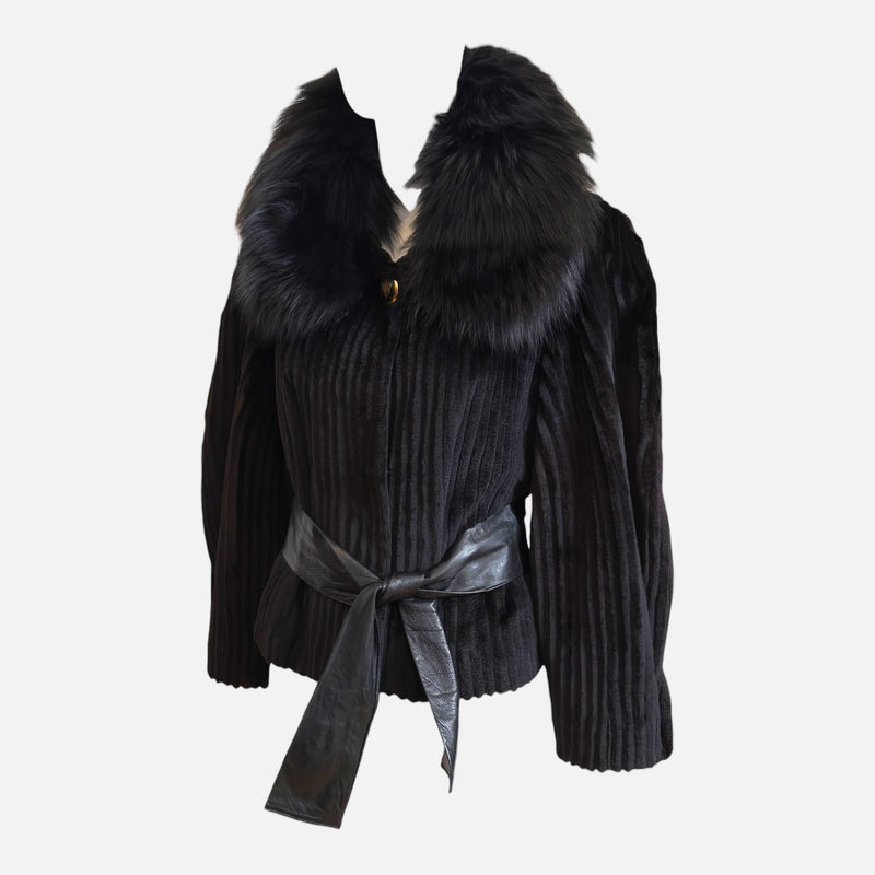 Gucci by Frida Giannini F/W 2008 Black Grooved Mink Fur Jacket With Voluminous Fox Fur Collar And Leather Belt
