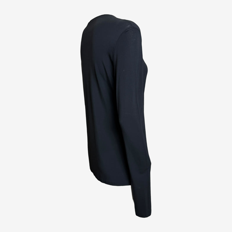 Black keyhole top by Tom Ford Gucci, side view showing fitted silhouette