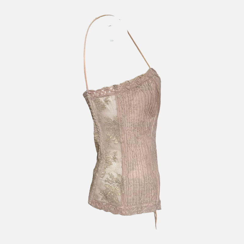 La Perla Blush Pink Metallic Floral Lace Corset Top