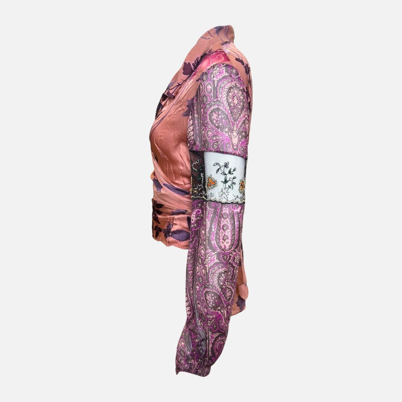 Emanuel Ungaro S/S 2004 Peach Floral & Paisley Print Beaded Lace-Panel Wrap Blouse