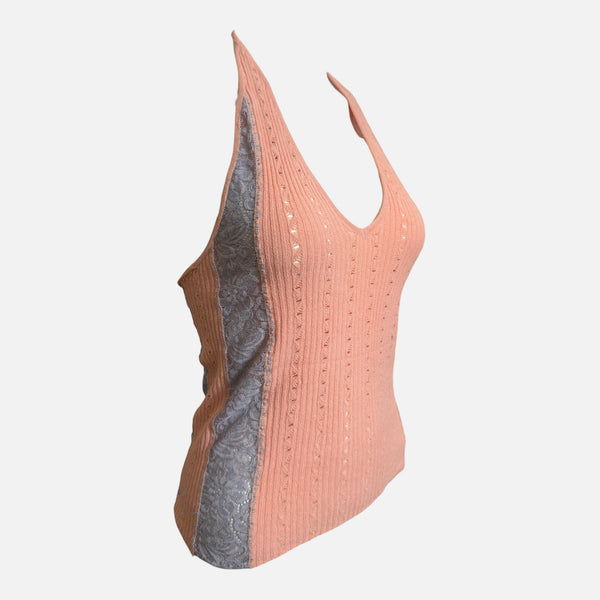 Versace S/S 2005 Peach Pointelle-Knit Lace-Panel Halter Top
