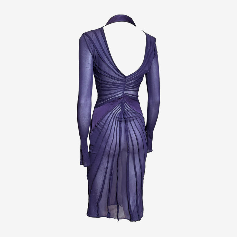 Purple mesh dress by Gucci Tom Ford, detail of collar and V-neckline construction