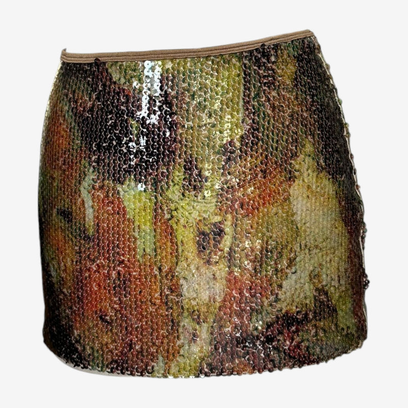 Plein Sud sequined skirt, back view displaying dense sequin coverage and side zipper closure