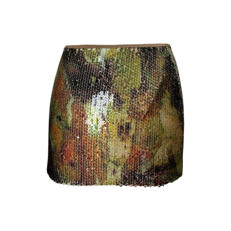 Iridescent multicolored sequined mini skirt by Plein Sud, front view showing asymmetrical hem and high waistline