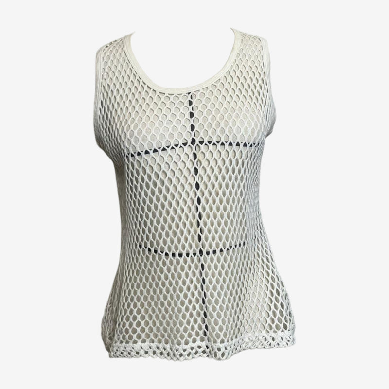 White cotton fishnet tank top by Dolce & Gabbana, sleeveless scoop neckline design