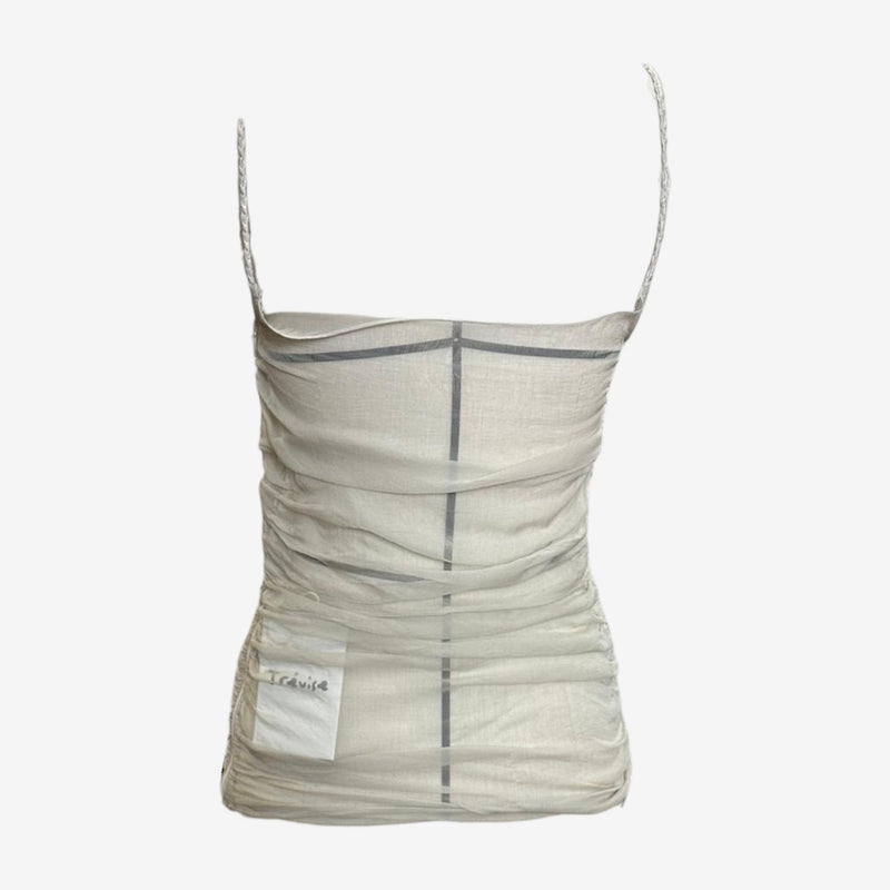 Pale sage green ruched mesh corset top by Dolce & Gabbana, body-conscious silhouette with internal boning