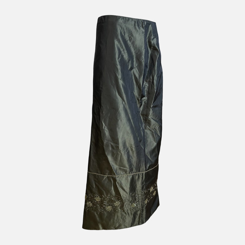 Blumarine F/W 1999 Dark Green Iridescent Taffeta Sequin-Embroidered Maxi Skirt
