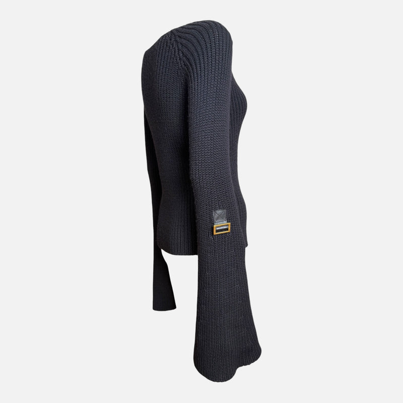 Gucci by Tom Ford F/W 2003 Black Ribbed-Knit One-Shoulder Bell-Sleeve Sweater With Leather Buckle