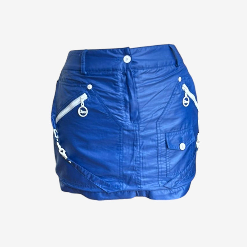 Blue nylon technical mini skirt by Christian Dior, front view with diagonal zipper pockets and chain charm pulls