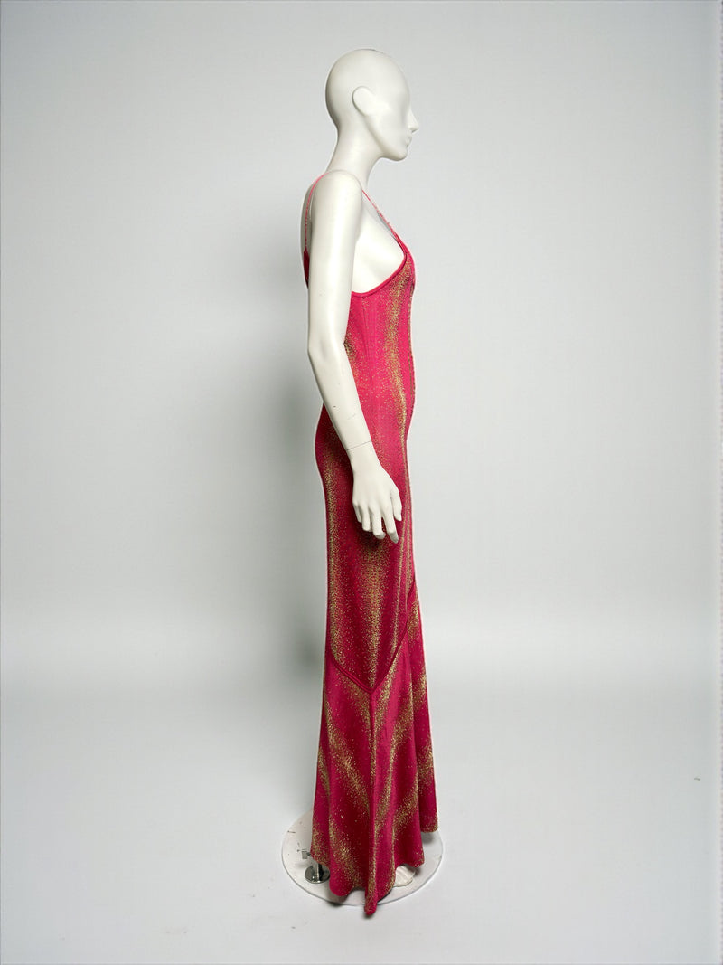 Gold metallic fuchsia gown by John Galliano, back view showing bias-cut silhouette