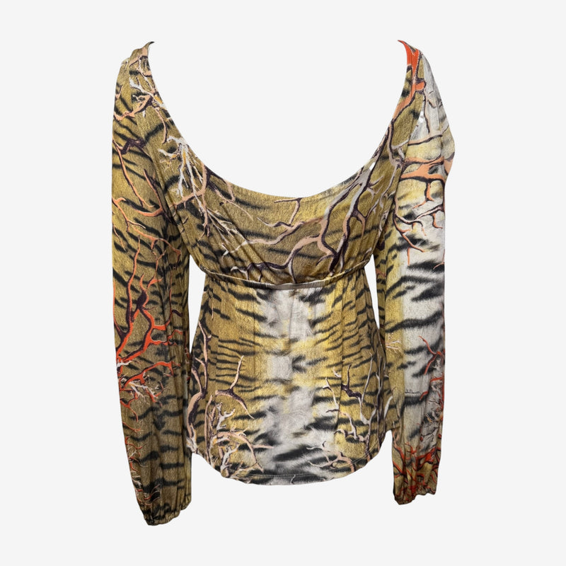 Roberto Cavalli S/S 2005 Tiger And Coral Branch Print Long-Sleeve Blouse