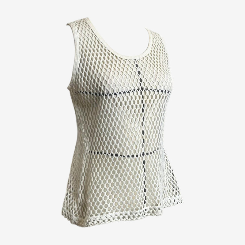 White cotton fishnet tank top by Dolce & Gabbana, detail of geometric diamond mesh pattern