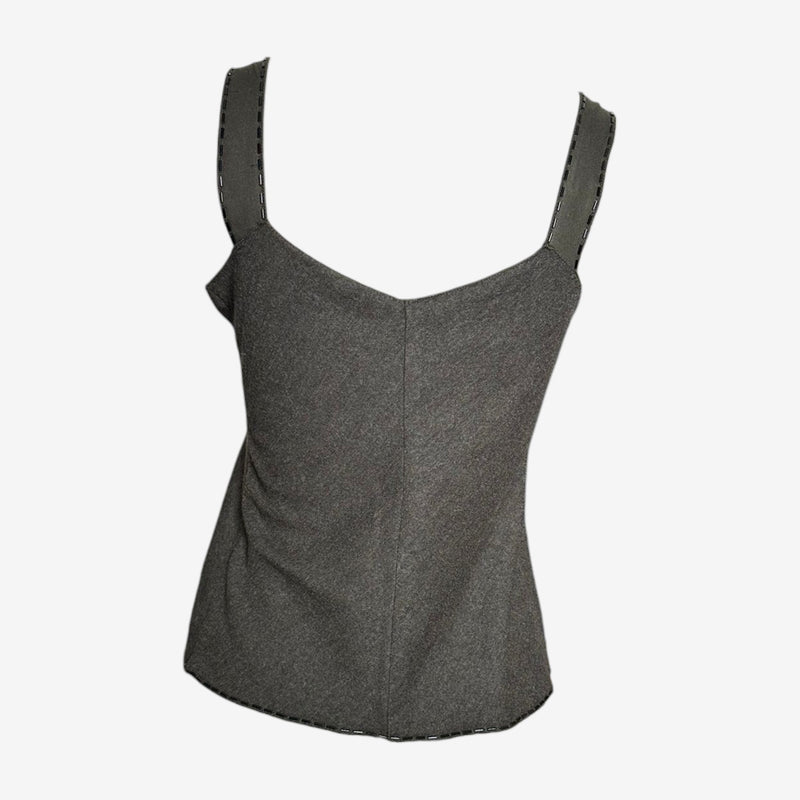 Charcoal grey wool camisole by Prada, back view with center seam and wide straps