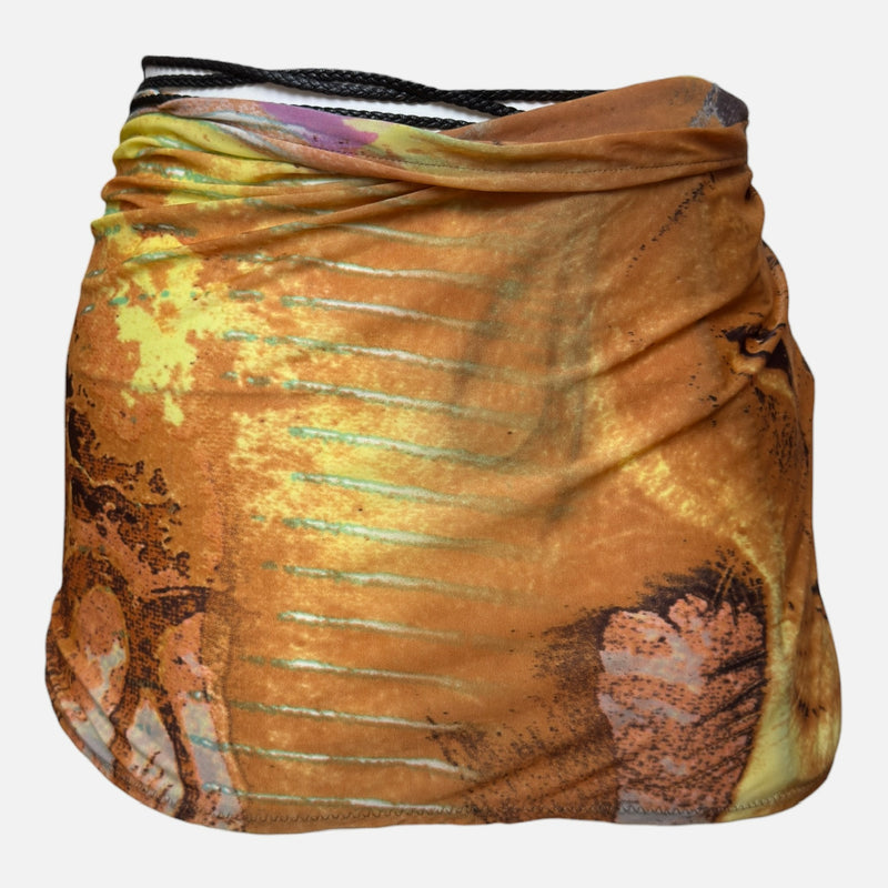 Roberto Cavalli S/S 2002 Ochre Tropical-Print Ruched Wrap Mini Skirt