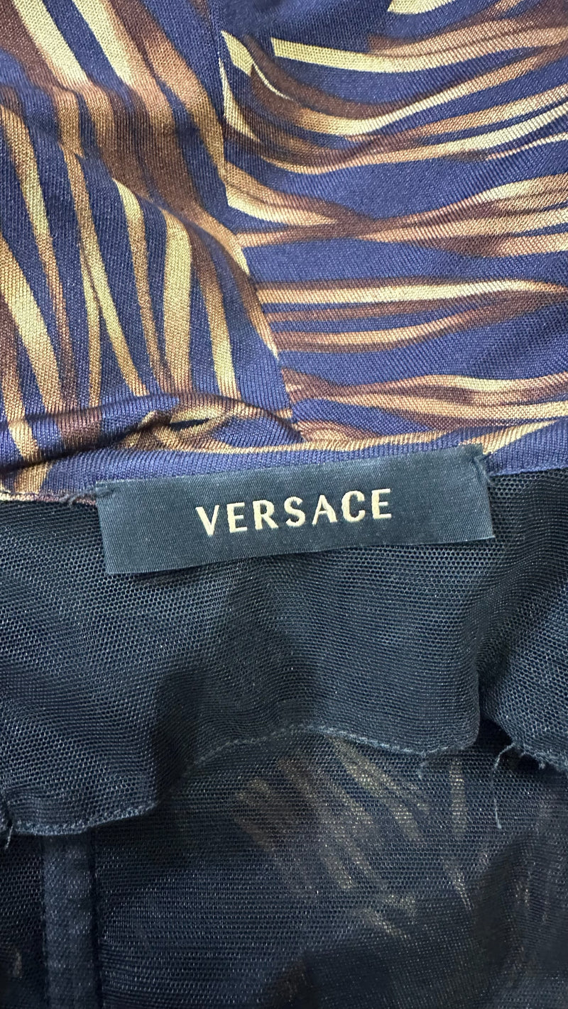 Versace S/S 2006 Navy & Bronze Tropical-Print Body-Con Midi Dress