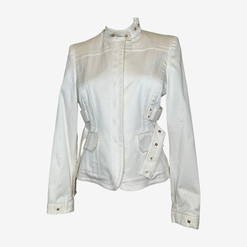 White cotton military jacket by Gucci, gold pyramid studs on collar and cuffs