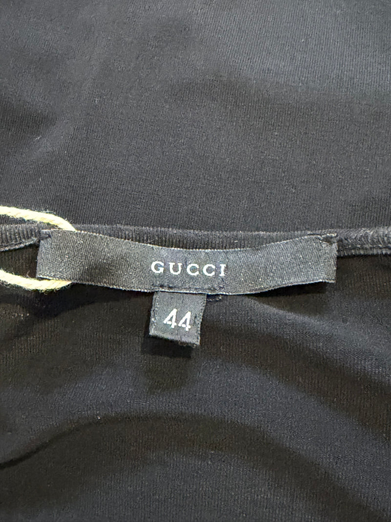 Black keyhole top by Gucci F/W 1999, hook closure detail at teardrop cutout