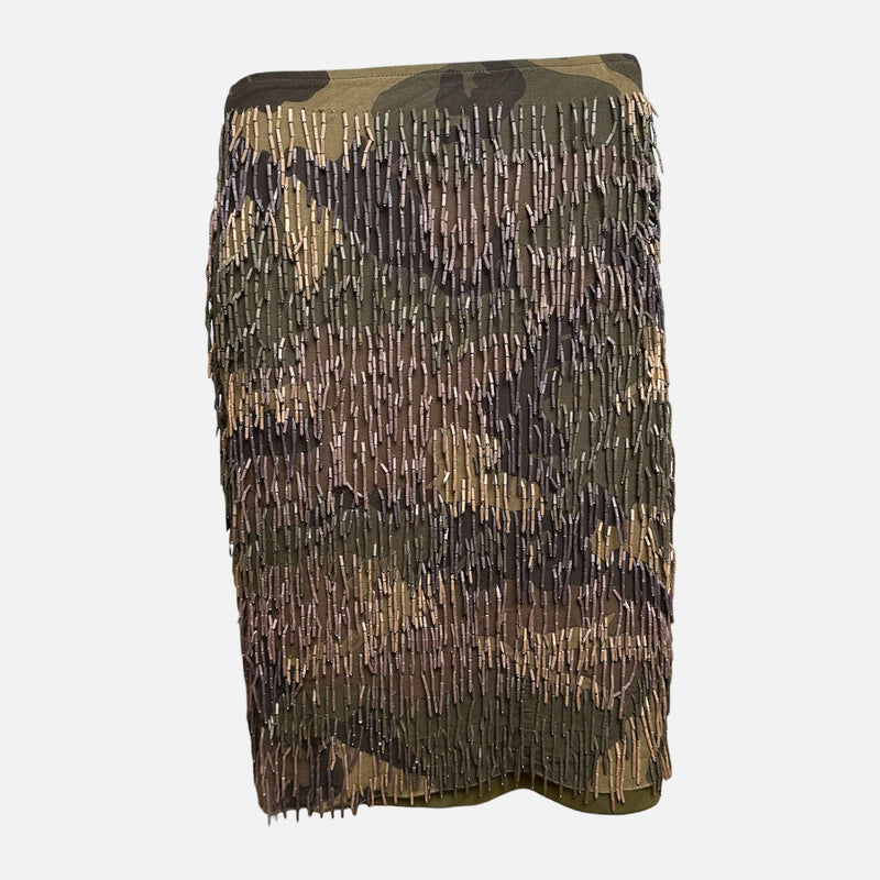 Plein Sud 2000s Khaki Camouflage Bugle-Beaded Pencil Skirt