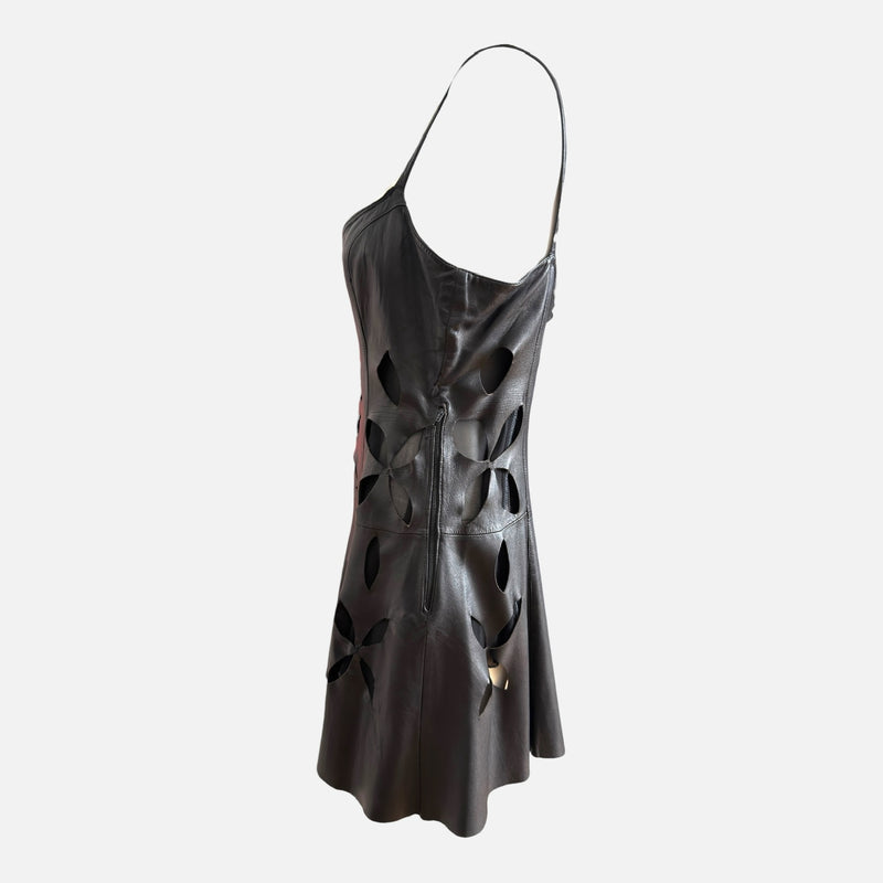 Gianni Versace S/S 1994 Black Leather Cutout-Floral Mini Dress