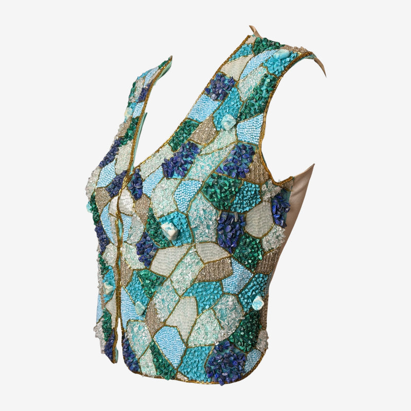 Close-up of mosaic beadwork on Blumarine vest showing turquoise, emerald, and navy glass beads
