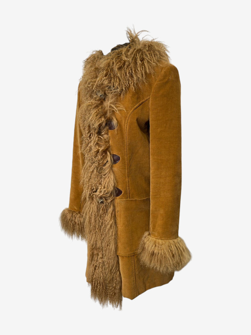 Camel shearling coat by Dolce & Gabbana, detail of collar with Afghan-inspired curly fur trim