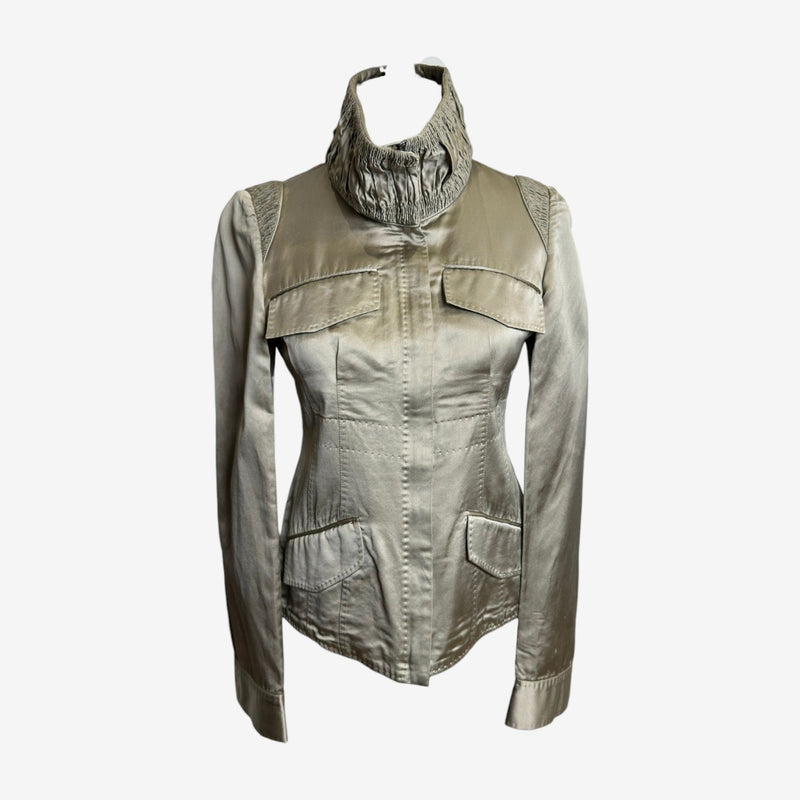 Sage green silk military jacket by Tom Ford for Gucci, front view with structured tailoring