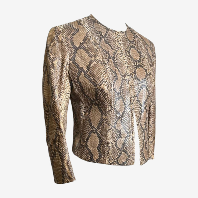 Beige, brown and black python leather jacket by Plein Sud, side view showing fitted construction