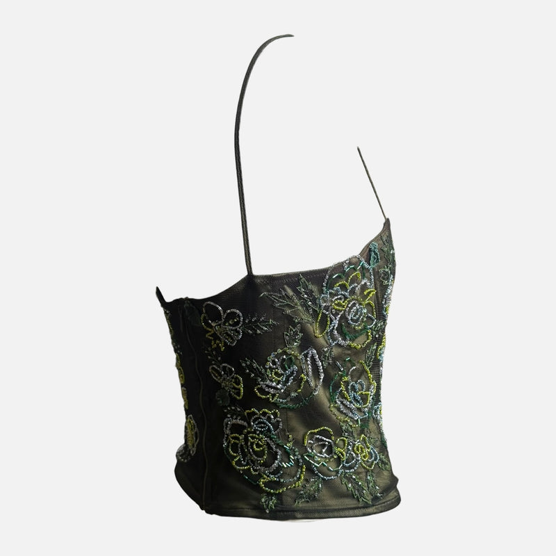 La Perla 1990s Olive Green Beaded Floral-Embellished Corset Top