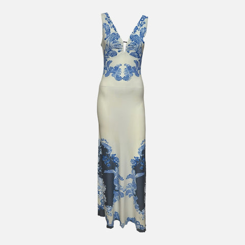 Roberto Cavalli F/W 2007 Ivory And Blue Baroque Floral-Print Maxi Dress