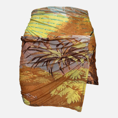 Roberto Cavalli S/S 2002 Ochre Tropical-Print Ruched Wrap Mini Skirt
