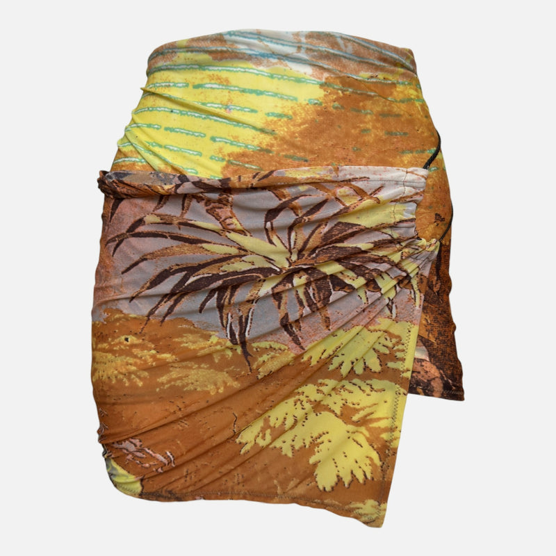 Roberto Cavalli S/S 2002 Ochre Tropical-Print Ruched Wrap Mini Skirt